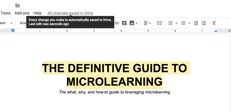 Tooltip from Google Drive explaining that every revision on the document is saved