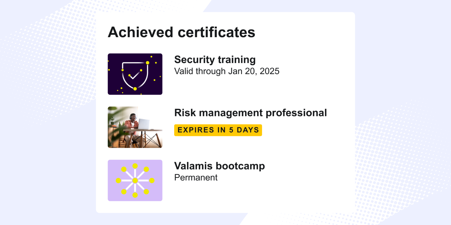 The image represents the certification function for compliance training  in Valamis