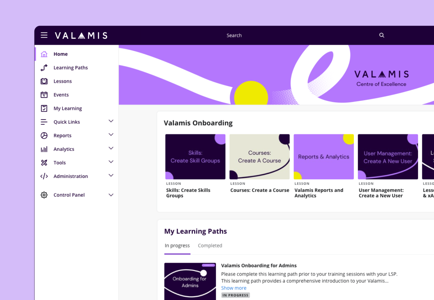 Home page of Valamis Centre of Excellence, providing onboarding resources for customers.