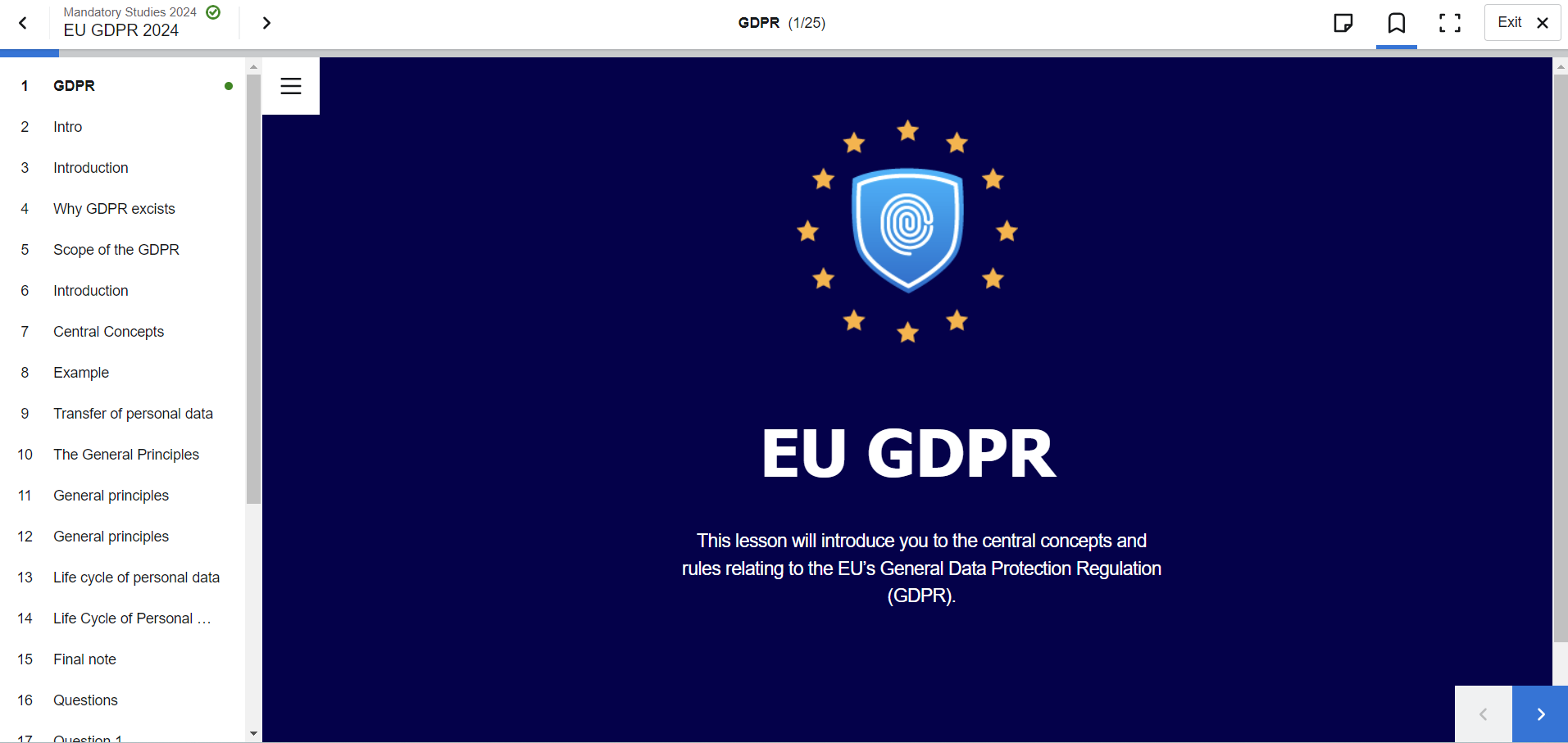 The image shows the screenshot of Valamis learning path for EU GDPR compliance training